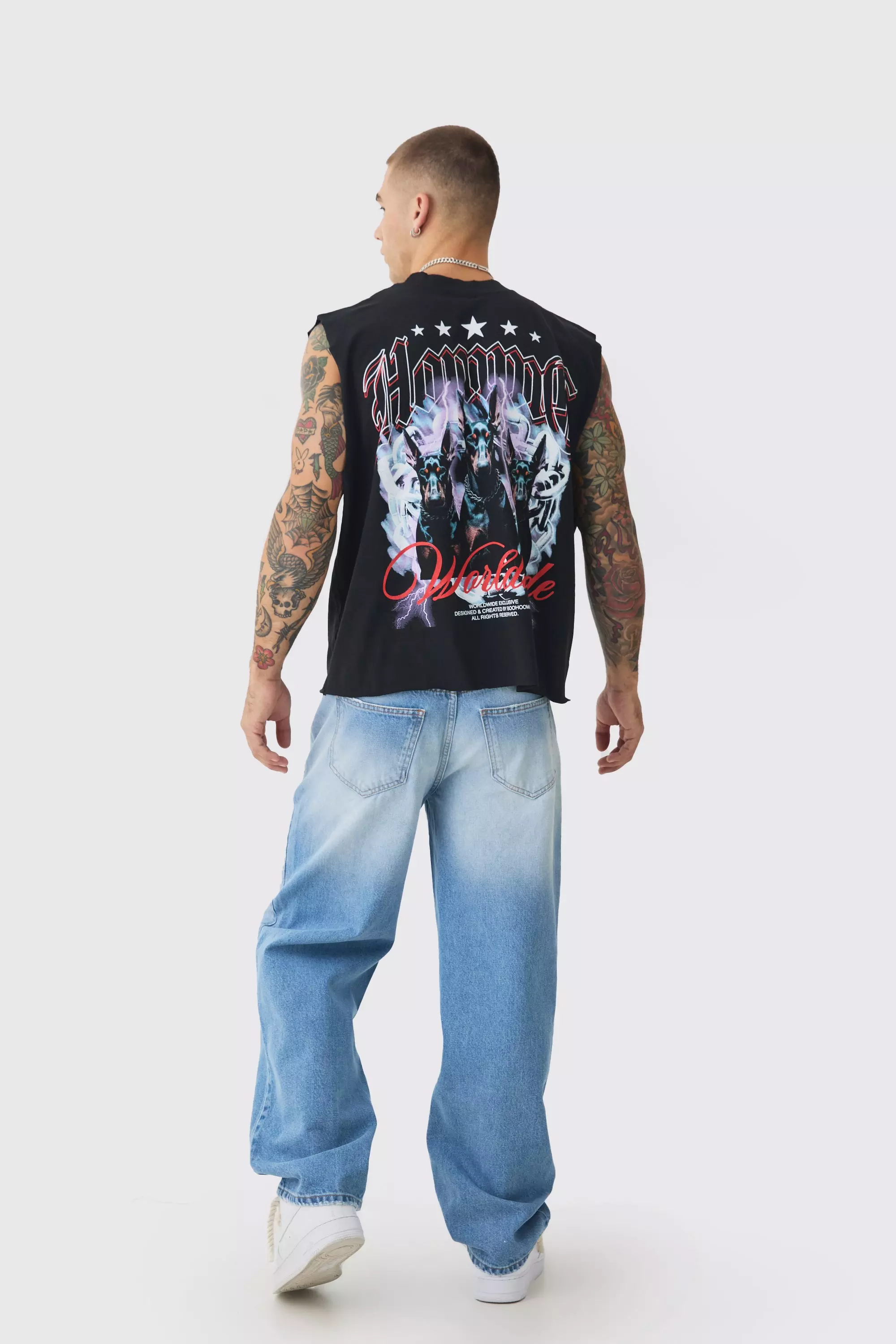 Baggy Rigid Double Waistband Denim Jeans In Light Blue